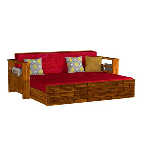 Image of Mamta Furniture Solid Sheesham Wood Sofa Cum Bed Furniture Set with Storage and 40 Density Cushions for Living Room, Bedroom, Drawing Hall Honey Finish Queen
