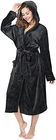 RONGTAI Womens Robes Plush Fleece Dark Gray Hooded Bathrobe Thick Nightgown with Pockets Fluffy Sleepwear Small