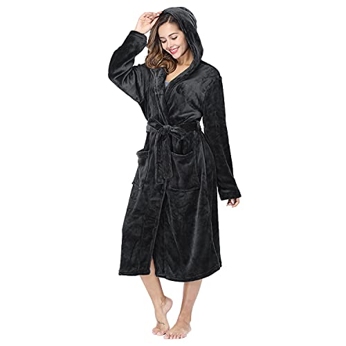 Rongtai Womens Robes Plush Fleece Dark Gray Hooded Bathrobe Thick Nightgown With Pockets Fluffy Sleepwear Small #TOP3