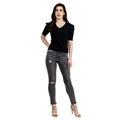 Image of POPWINGS Casual Solid Puff-Sleeves Crop Top for Women || V-Neck Crop Top for Women || Half-Sleeves Summer Crop Top for Women || Crop Tops for Women Fancy Crop Top for Women