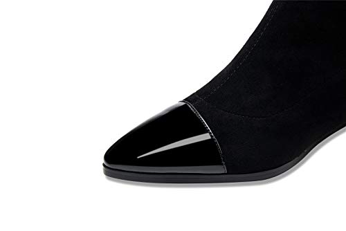 TinaCus Botas femininas feitas à mão de camurça, couro envernizado, confortável, salto baixo, elásti