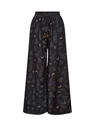 GORGLITTER Vintage Wide Leg Trousers for Women UK Moon Plant Print Drawstring Waist Casual Palazzo Pants Black Large