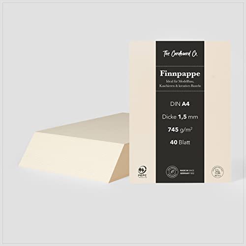 TheCardboardCo Cartón finlandés, 1,5 mm (745 g/m²), DIN A4 (210 x 297 mm), 40 hojas, cartón de madera para modelismo, laminación y manualidades creativas, color blanco natural
