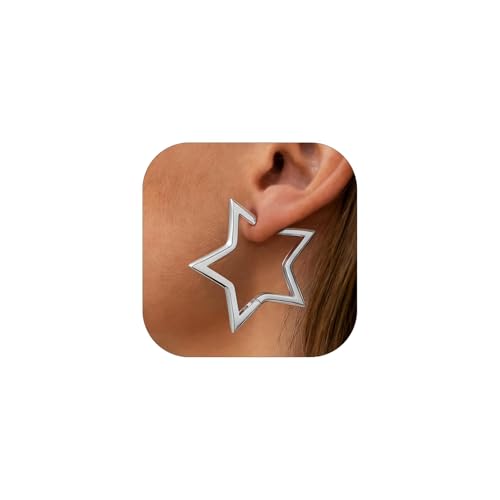FaithHeart Star Hoop Earrings for Women Hypoallergenic, Silver/Black/14K Gold Plated Hoop Earrings for Women Hypoallergenic Lightweight Star Earring Fashion Cute Jewelry, 20/30/40/50/60mm 40