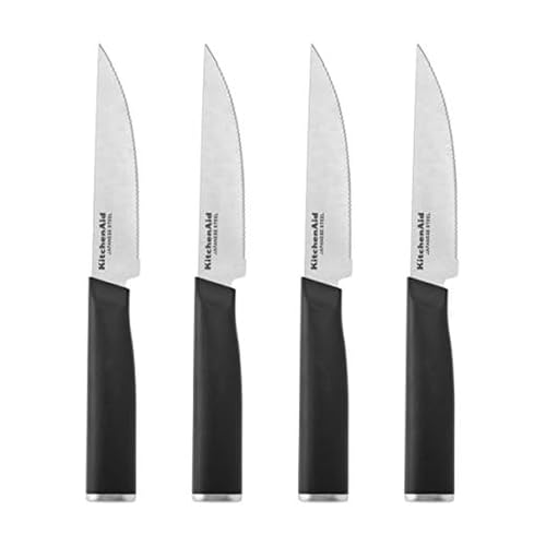 KitchenAid Classic 4 Piece Steak Knife Set, 4.5-Inch, High-Carbon Japanese Stee Blades, Sharp Kitchen Knife Set, Black