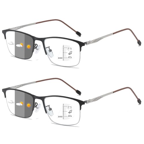 Lanomi Progressive Multifocal Half Frame Reading Glasses Metal Men Women Photochromic Varifocal Sunglasses UV Protection Transition Eyeglasses 2 Pairs Silver Multifocal Glasses 2.5