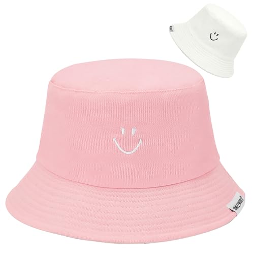 Durio Fischerhut Damen Sonnenhut Baumwolle Bucket Hat Herren Reversibel Faltbar Anglerhut Sommerhut Reisen SmileyWorld® Rosa Weiß