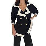 chouyatou Women's Double Breasted Color Block Knit Cardigan Sweater Notched Lapel Oversized Jacket Coat (Small, Black)