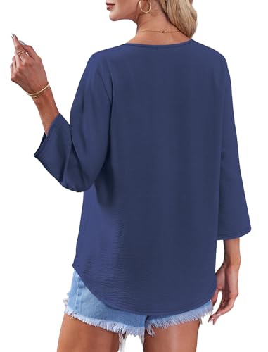 Image of OFEEFAN Button Down Shirts for Women 3 /4 Length Sleeve Tops V Neck Blouses Business Casual Outfits Loose Fit