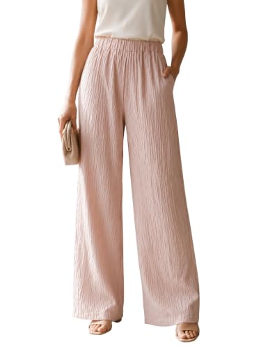 Image of Women's High Waist Wide Leg Trousers | Textured Crinkle Palazzo Pants | Elastic Waist Casual Formal Office Wear Trousers | Comfortable Lightweight Bottom Wear for Women