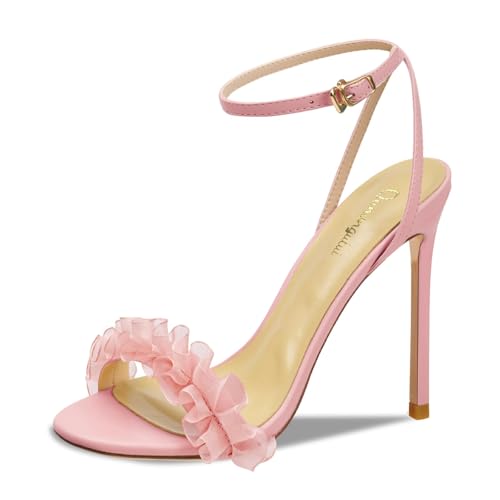 Qunvngutui Womens 3.9IN High Heel Sandals Open Toe Strappy Slingback with Lace Flower Detail - Stiletto Heel Summer Dress Shoes for Wedding/Party Synthetic Pink US9
