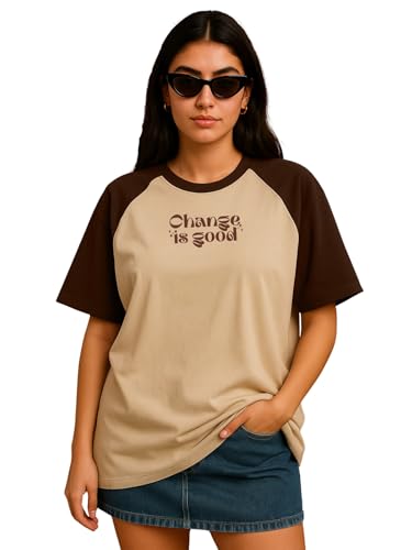 Image of JUNEBERRY 100% Pure Cotton Oversized Fit Drop Shoulder Graphic Printed Raglan Sleeves Boyfriend T-Shirt for Women (Sizes: S to 2XL)
