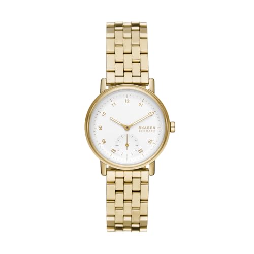 Skagen Kuppel Uhr für Damen, Quarzwerk mit Edelstahl- oder Lederarmband, Goldton und Weiß, 32MM