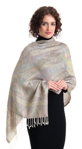 Image of EH KANI GOLD & JAMAWAR SILK SUPER SOFT FLORAL & PAISLEY PASHMINA STOLE SCARF