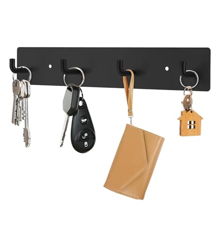 RELBRO Key Holder Wall Mount, Large Metal Self Adhesive Key Rack with 4 Hooks, 2 Installation Options, Black