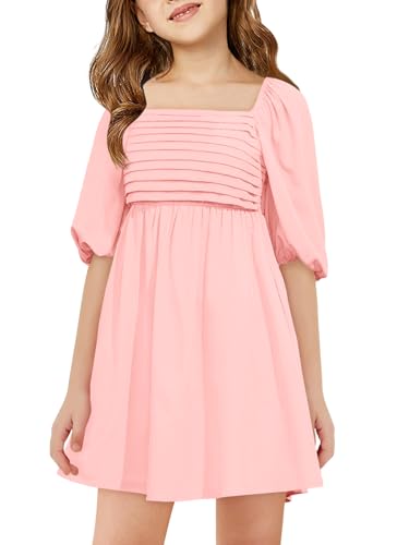 Haloumoning Mädchen Kleid Kurzarm Sommerkleider Quadratischer Ausschnitt Freizeitkleid Kinder Puffy Ärmel Elegant Blumenkleid A-Linie Chiffon...