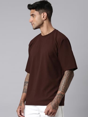 Image of Men's Stylish Round Neck Textured 3 /4th Sleeve Oversized T-Shirt (Brown)