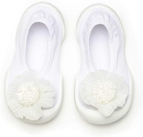Komuello Girls Baby and Toddler Walking Shoes, Breathable, Washable, Non-Slip, Slip-on Shoes, Size 5-115mm (Pompom Flower White, 6-12 Months)