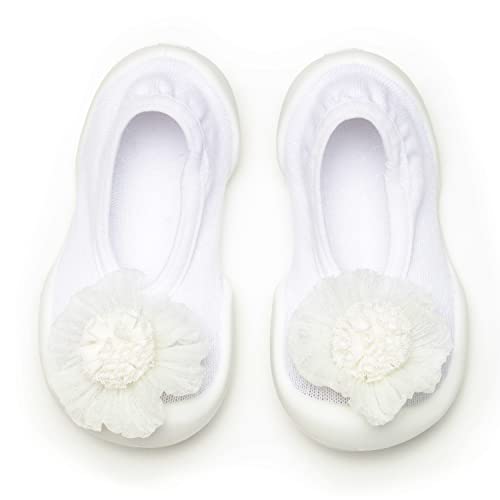 Komuello Girls Baby and Toddler Walking Shoes, Breathable, Washable, Non-Slip, Slip-on Shoes, Size 5-115mm (Pompom Flower White, 6-12 Months)