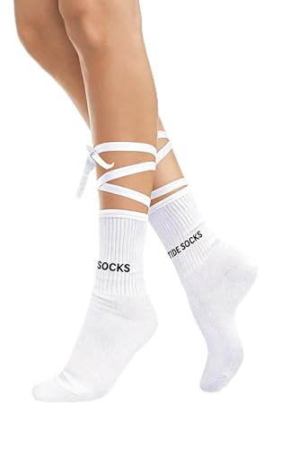 Benefeet Sox Women Cotton Crew Socks Novelty Solid Color White Socks Fun Colorful Casual Athletic Aesthetic Socks with Straps Soft Lightweight Cute Goth Fashion Above Ankle Dress Sock for Ladies Girls