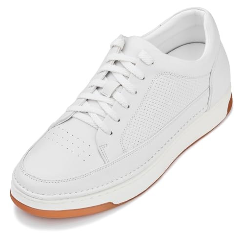 CALTO Men's Invisible Height Increasing Elevator Shoes - White/Off-White & Gum Sole Premium Leather Leather Lace-up Fashion Sneakers - 2.6 Inches Taller - Y7932 - Size 9 D(M) US