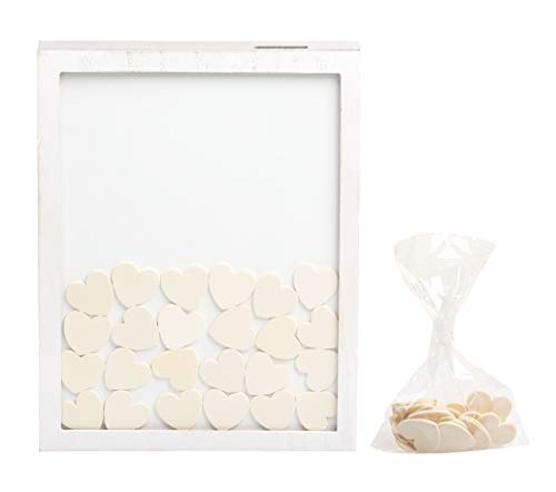 Image of Kate & Milo Wedding Guestbook Token Frame, Alternative Wedding Guest Book with 50 Wooden Heart Tokens, Bridal Shower and Reception Decor, Distressed White
