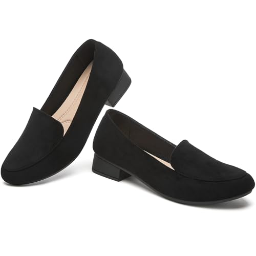 FINIWOR Womens Black Chunky Low Heel Pumps Suede Dress Flats Shoes Comfortable Work Loafers Business Office Shoes