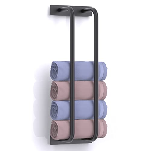 Kithold Adhesive Towel Racks For Bathroom, Wall Mounted Bathroom Towel Storage, Stainless Steel Bath Rolled Towels Holder Towel Organizer Shelf For Folded Large Towel Beach Shower Towel - Black #TOP5