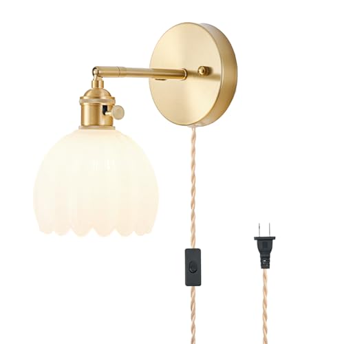 Image of Plug in Wall Sconce, Vintage Sconce Light with Tulip Milk White Glass Lampshade, Bedside Wall Sconce with Switch and Plug in Wall Lamp Cord, Gold Wall Light for Bedroom