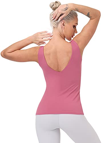 Workout Tops For Women Yoga Tank Tops With Built In Bra Wirefree Padded Yoga Bras Gym Running Athletic Shirt V-Neck Camisole Rose Red #TOP4