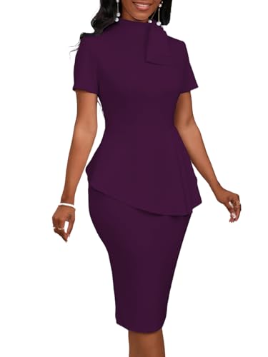 Image of WanMem Women Formal Bodycon Peplum Cocktail Dress Short Sleeve Bow Ruffle Pencil Party Midi Dresses