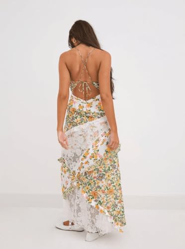 Image of SOOKABEILA Women Y2k Boho Maxi Dress Floral Lace Sheer Tiered Flowy Cami Long Dress 2025 Summer Smocked Beach Sundress