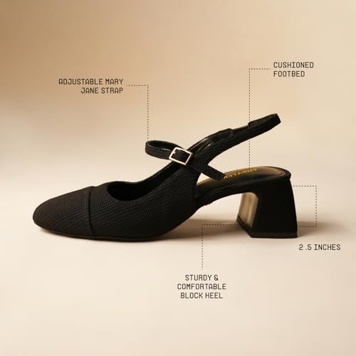 Image of Theater Women Twiggy Mary Jane Block Heel Sandals with Square Toe and Adjustable Buckle Slingback | Cushioned Comfort for Office & Formal Wear