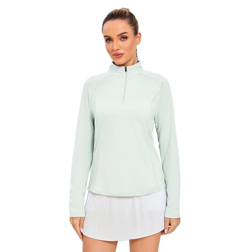 Frevontica Womens Golf Quarter Zip Pullover Lightweight 1/4 Zip Mock Neck Athletic Top Performance Moisture Wicking Upf 50+ Sun Protection Long Sleeve Golf Tennis Shirt Hiking Travel Green