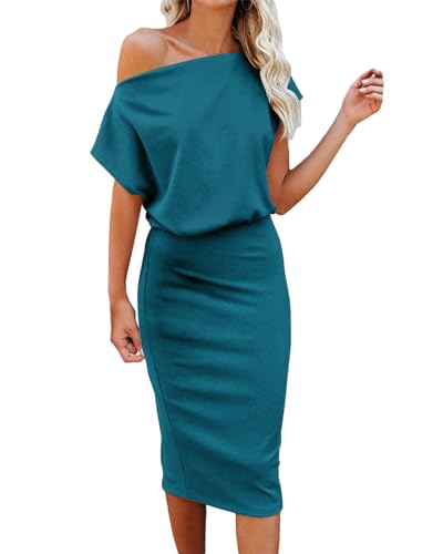 Image of Dressmine Wedding Guest Dress Cold Shoulder Dresses for Women UK Blue Wrap Midi Party Knitted Ribbed Funeral Wedding Elegant Clothes