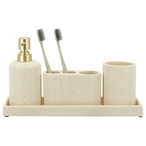 ZCCZ Lot de 4 Accessoires de Salle de Bain Noirs avec Distributeur de Savon, Porte-Brosse à Dents, gobelet de Salle de Bain et Plateau de Coiffeuse, Organisateur...