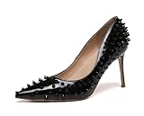 Minishion Women Sexy Heels Pumps Studded Rivet Party Wedding Shoes MZ21-34 Black 8cm Heel US 4.5