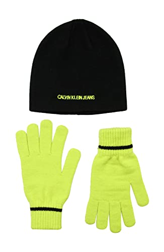 Image of Calvin Klein Boys' Embroidered Ck Beanie and Glove Set, Acid Lime