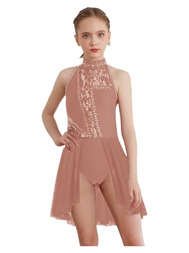 Agoky Vestido Patinaje Artistico Niña Maillot De Ballet De Sin Mangas Body De Una Pieza Traje De Danza Lírica Contemporánea Rosa empolvado 13-14 años