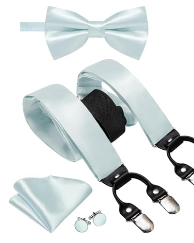 Image of Hi-Tie Men Suspender Bowtie Set Suspenders Pre-tied Bow Tie Pocket Square Cufflinks Adjustable Y Shape 6 Clips Braces Tuxedo