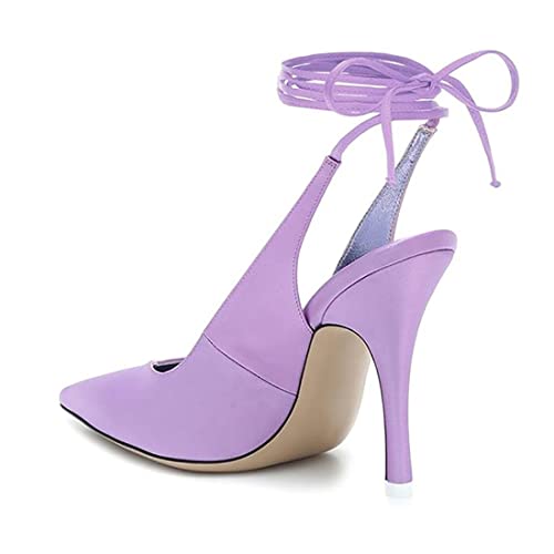 LEMUTISME Women's Sexy Pointed Toe Pumps Summer Lace-up Satin Stiletto High Heels Dressy Slingback Shoes for Party Evening2