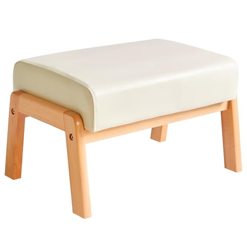 IBUYKE 10.2”H Pequeño Reposapiés Otomana, Rectángulo PU Cuero Reposapiés Taburete con Asiento Acolchado y Patas de Madera, Blanco WBD013W