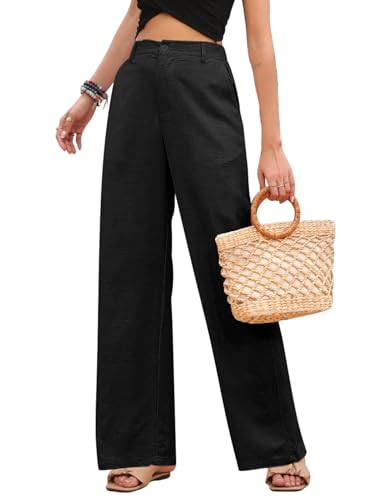 heekpek Pantalones Lino Mujer Pantalones Verano Cómodos Cintura Alta Holgados Pantalones Rectos Mujer Fresco Casual Pantalon Baggy Mujer con Bolsillos, Negro, L