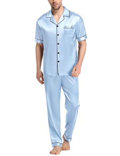 Image of SWOMOG Mens Satin Pajama Set Short Sleeve Classic Sleepwear Button Down Silky Loungewear with Long Pants