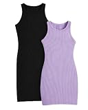 Xumplo Girls 2 Pack Midi Dress for Teens Ribbed Tank Dresses Sleeveless Crewneck Fitted Bodycon Dresses Casual Outfits （Black Purple，13T