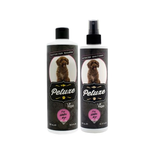 Petuxe Cosmetics Pack para Perros de Agua Champú 500 ml y Acondicionador 300 ml. Texturizador de Limpieza Profunda, Rizos Máxima Hidratación con Pepita de UVA, Vitamina E y B5. Vegano.