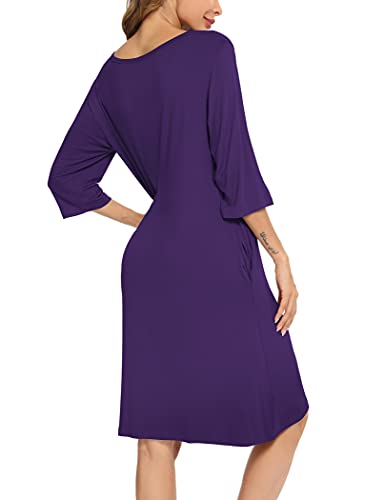 Yya Women's Nightgown 3/4 Sleeve Sleepwear Comfy Sleep Shirt V-Neck Lace Nightshirt Purple #TOP5