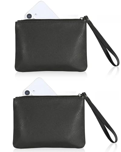 2 Pack Small Zipper Pouch Mini Makeup Bag for Purse Lipstick Cosmetic Travel Make Up Organizer for Women Essentials Feminine Products, Car Change Coin Holder 8x5 Phone Wristlet Wallet, Black