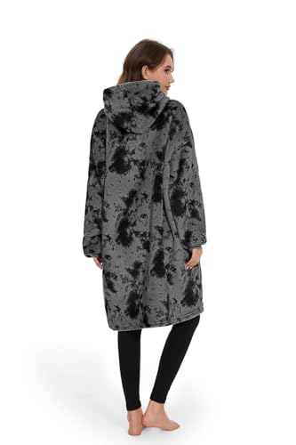 GAYYNE Hoodie Decke mit Ärmeln Deckenpullover, Tragbare Decken Hoodie Damen, Ultra Weiche Sherpa Fleece Hoodie Sweatshirt mit Big Pocket als Geschenke für Frauen Damen Krawattenfarbe Grau