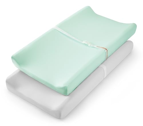 TILLYOU Jersey Knit Ultra Soft Changing Pad Cover Set-Unisex Diaper Change Table Sheets for Baby Girls and Boys-Fit 32"/34' x 16" Pad-Comfortable Cozy Cradle Sheets -2 Pack Lt Green & Lt Gray